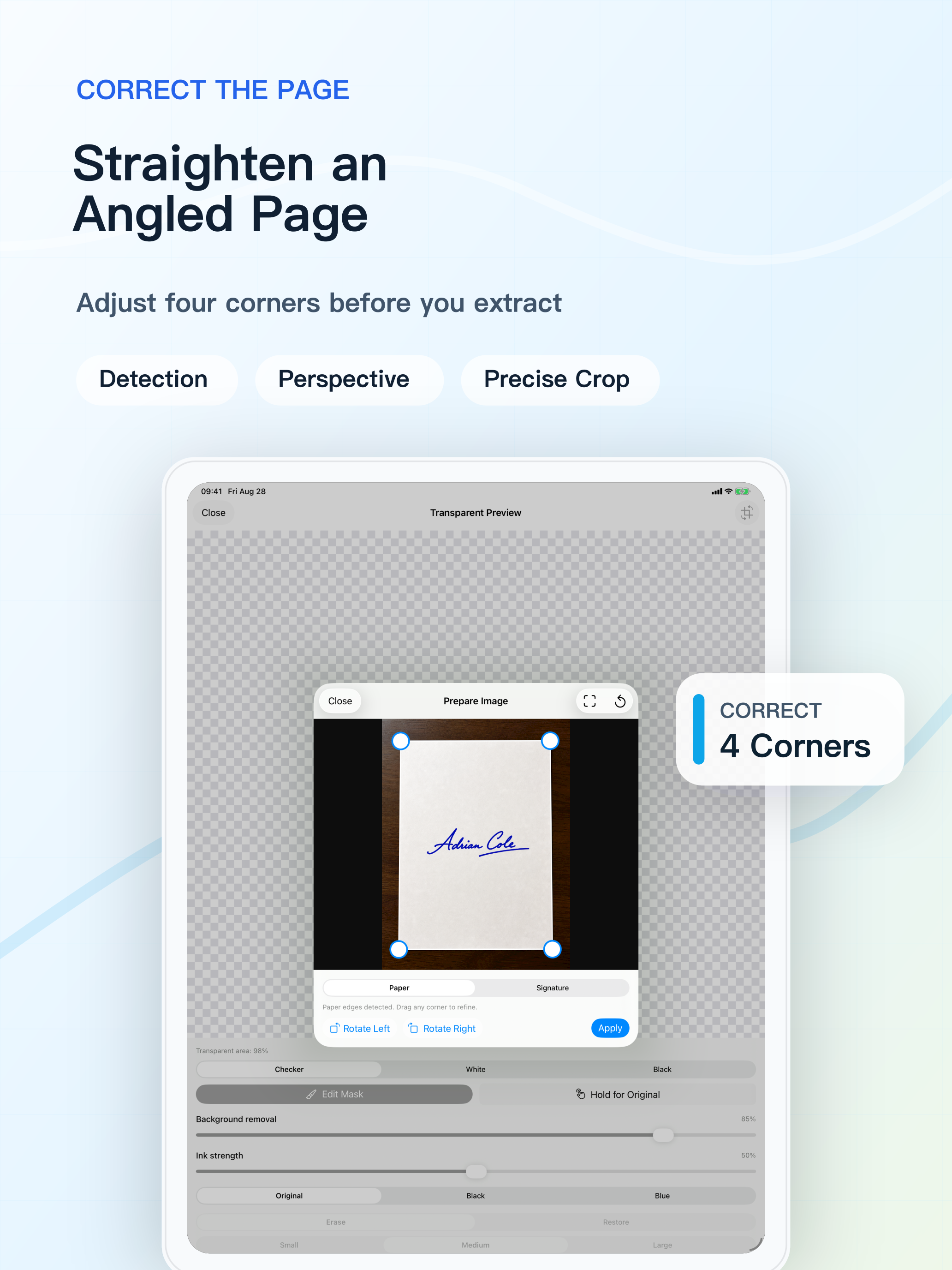 Adjust four corners on iPad to correct the angled page and signature region.