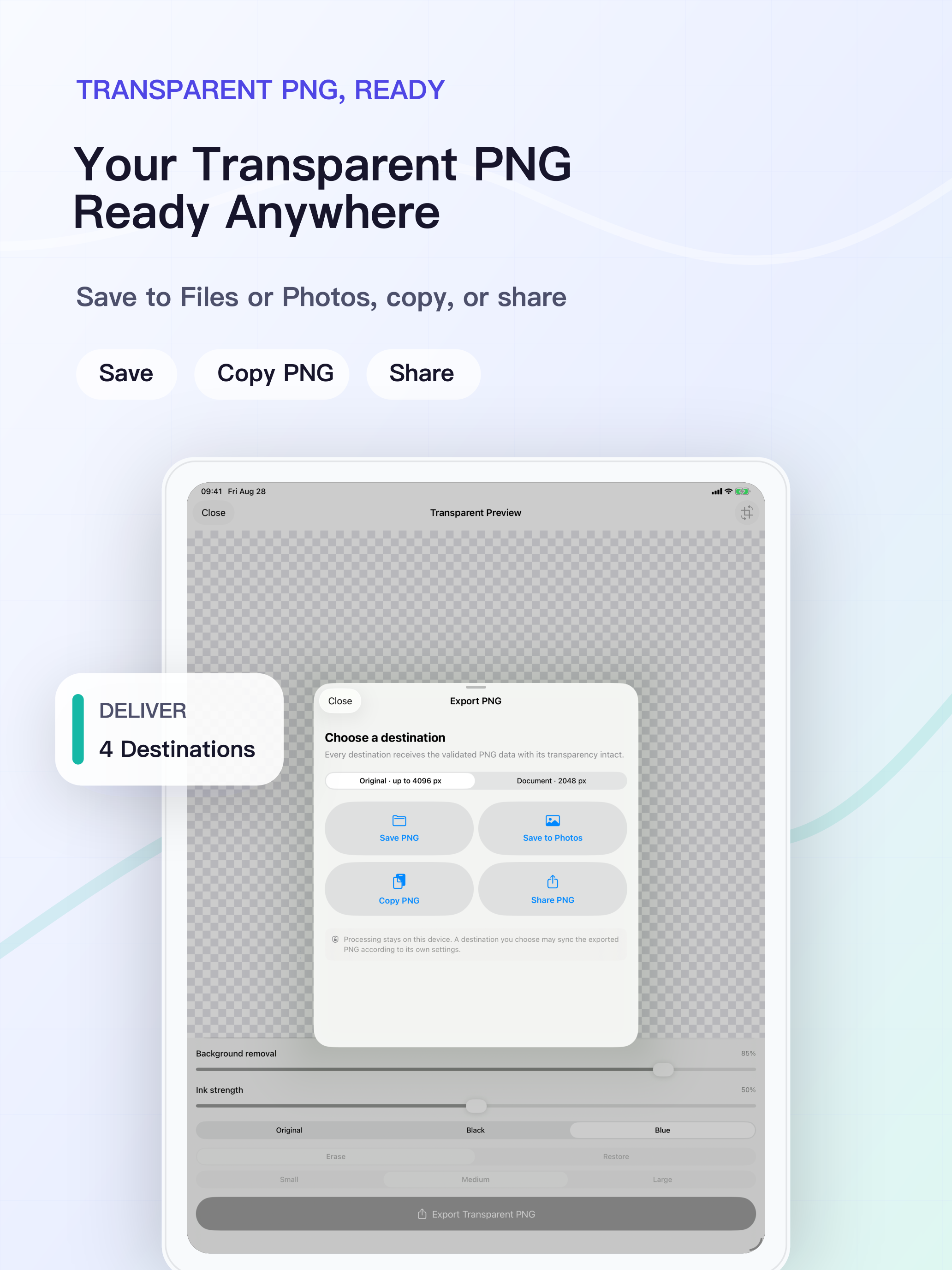 The iPad export panel offers Files, Photos, Copy, and system sharing.
