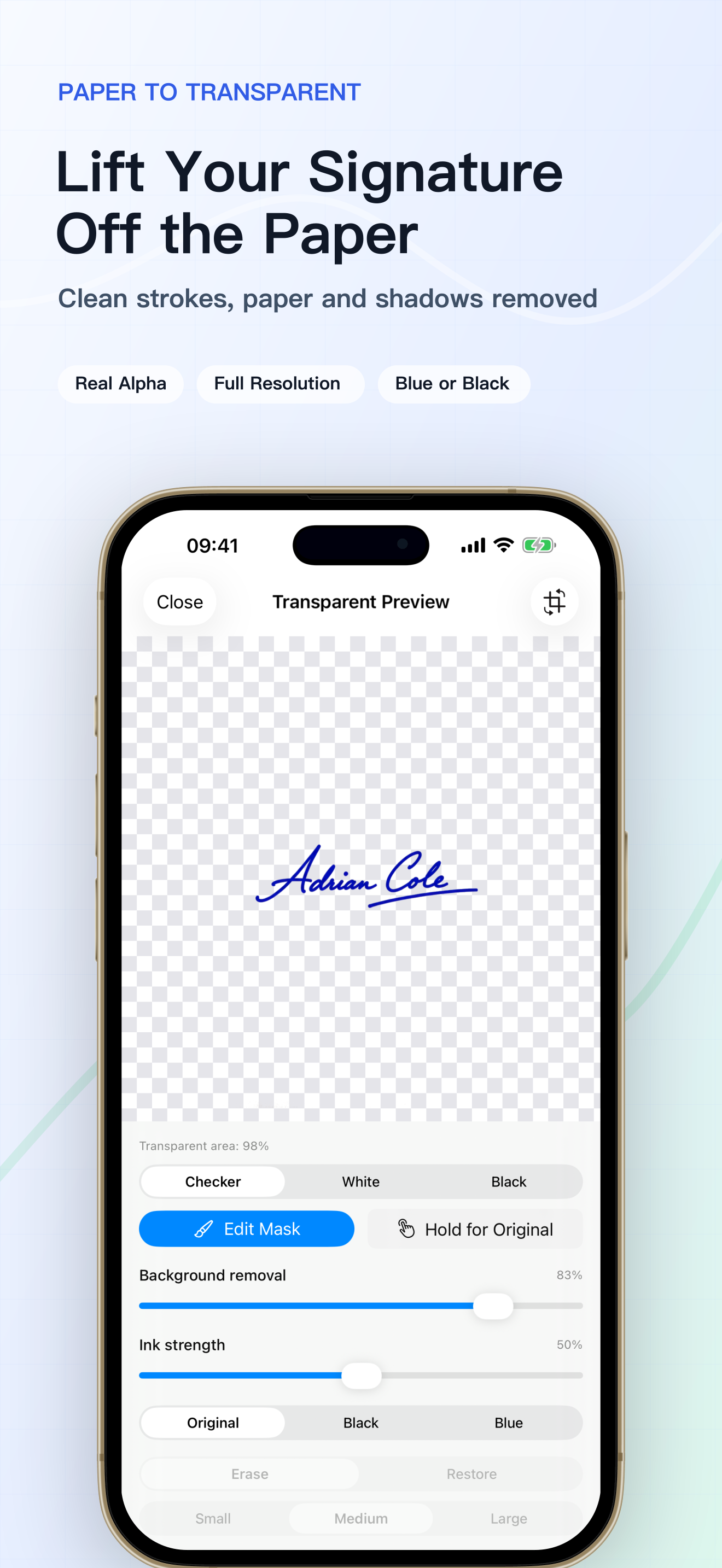 Inspect the complete signature on a transparency grid after paper, shadows, and specks are removed.