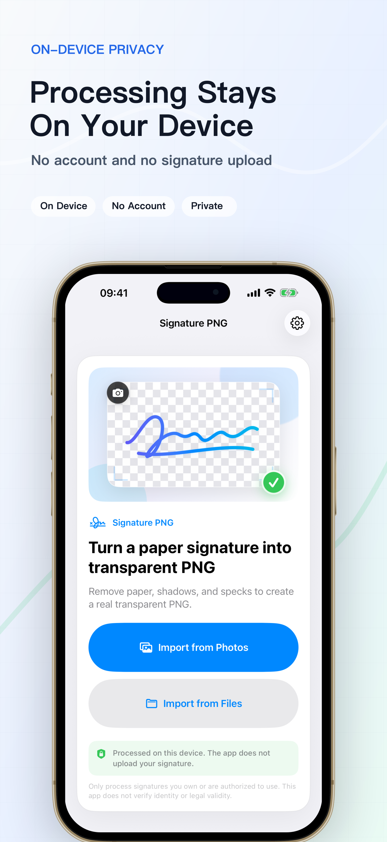 No account required; signature extraction and editing run on the device.